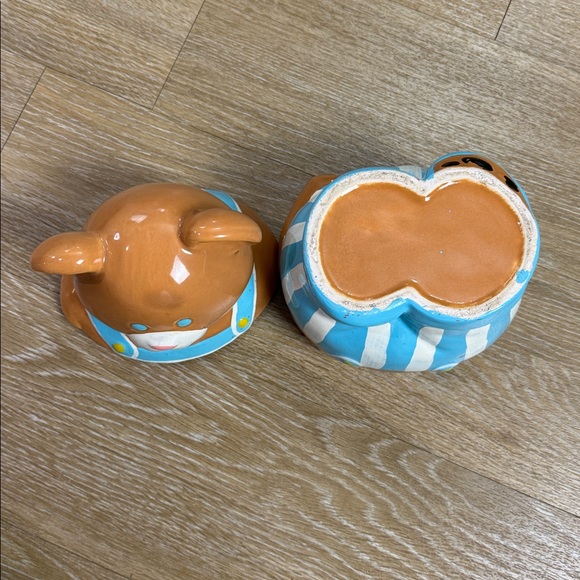 Vintage Teddy Bear Blue Striped Overalls Ceramic Cookie Jar Cottage Core - Picture 9 of 10